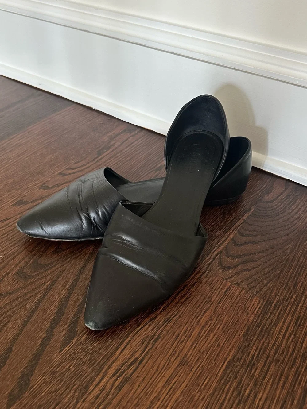 Black Leather Pointed Toe D’Orsay Women’s Flats